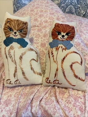 Hand made Vintage Embroidered Cat Pillows - Blue Bows on Cream